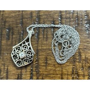 14k White Gold Filigree Diamond Pendant Necklace Art Deco Style